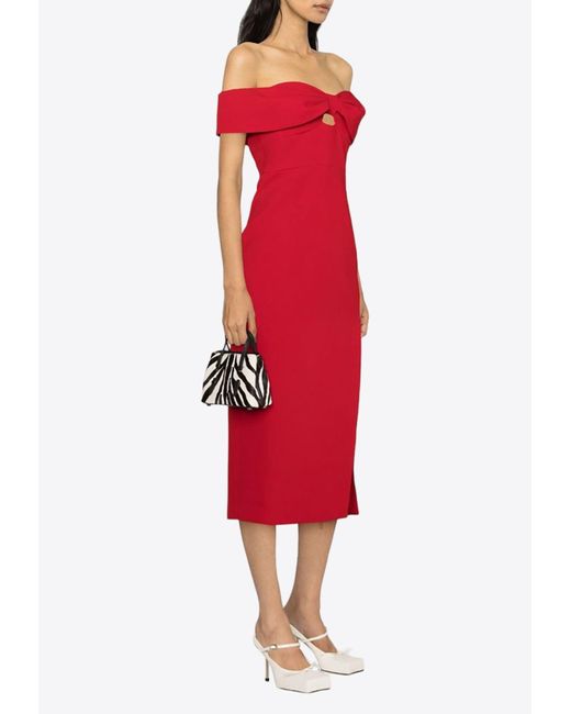 Self-Portrait Red Off-Shoulder Bow Crepe Midi Dress