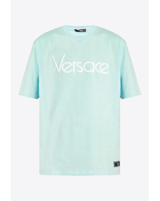 Versace Blue Logo Embroidered Short-Sleeved T-Shirt for men
