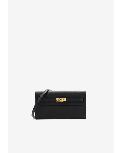 Hermès White Kelly To Go Wallet In Black Epsom With Gold Hardware