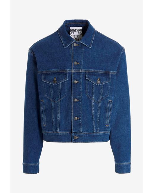 Moschino Logo Embroidered Denim Jacket in Blue for Men | Lyst
