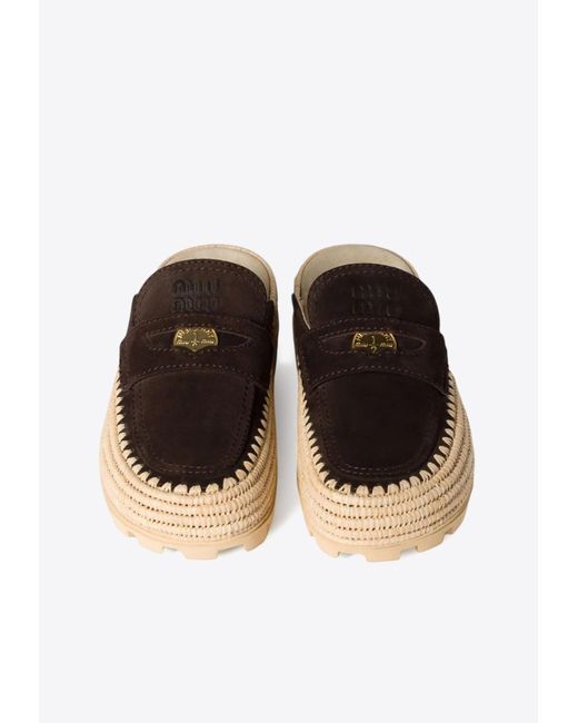 Miu Miu White Suede And Raffia Flat Mules