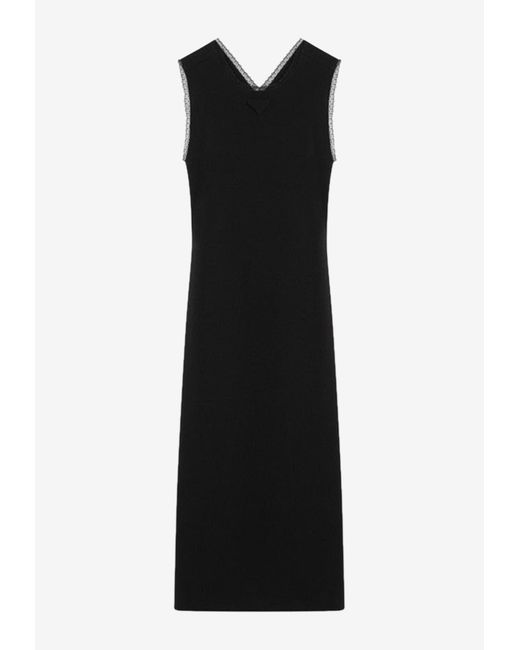 Prada Black Lace-Trimmed Interlock Midi Crepe Dress