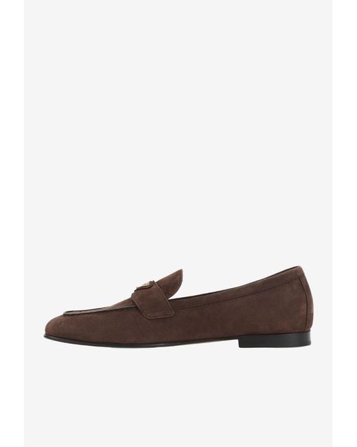 Prada White Triangle Logo Suede Loafers