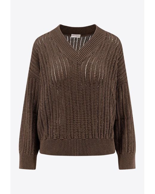 Brunello Cucinelli Brown V-Neck Knitted Sweater