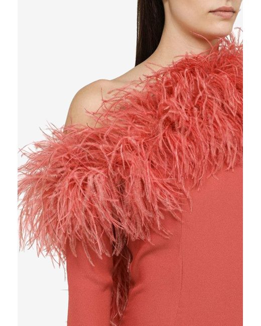 ‎Taller Marmo Red Feather-Embellished Off-Shoulder Dress