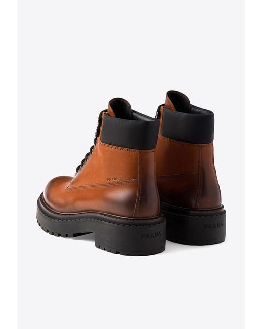Prada Brown Lace-Up Italian Leather Work Boots for men
