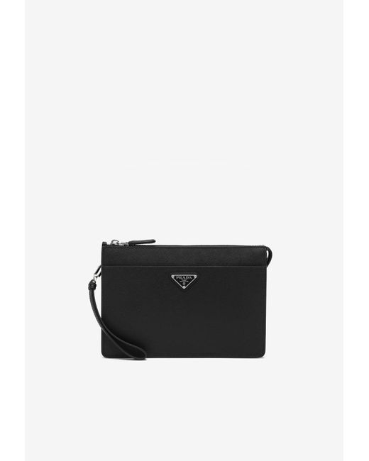 Prada Triangle Logo Saffiano Leather Pouch Bag in Black for