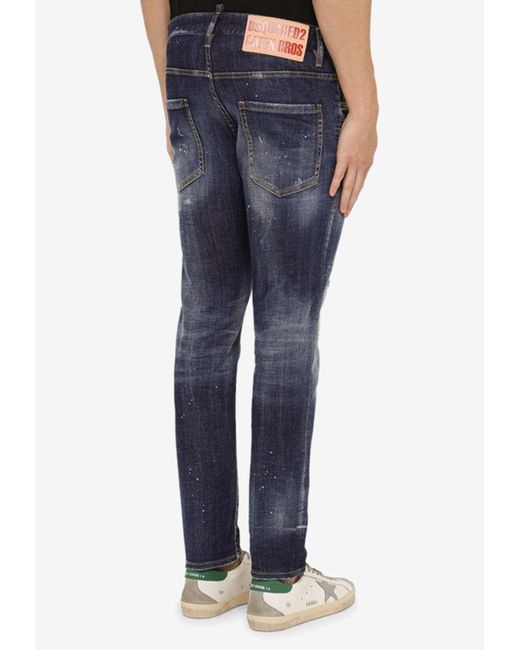 DSquared² Blue Paint-Splatter Slim Jeans for men