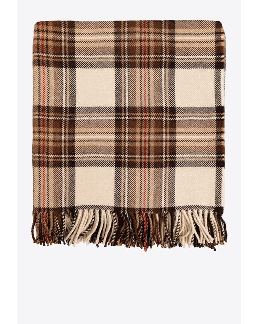 Etro Brown Check Wool Fringed Scarf