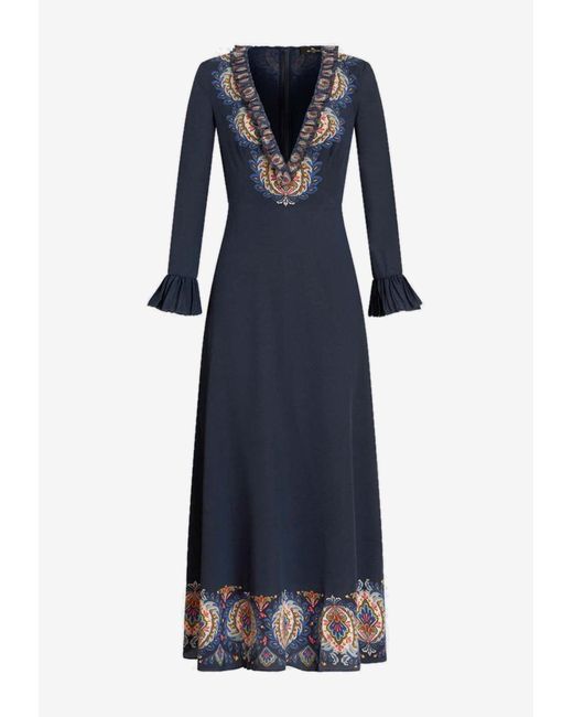 Etro Blue Long-Sleeved V-Neck Maxi Dress