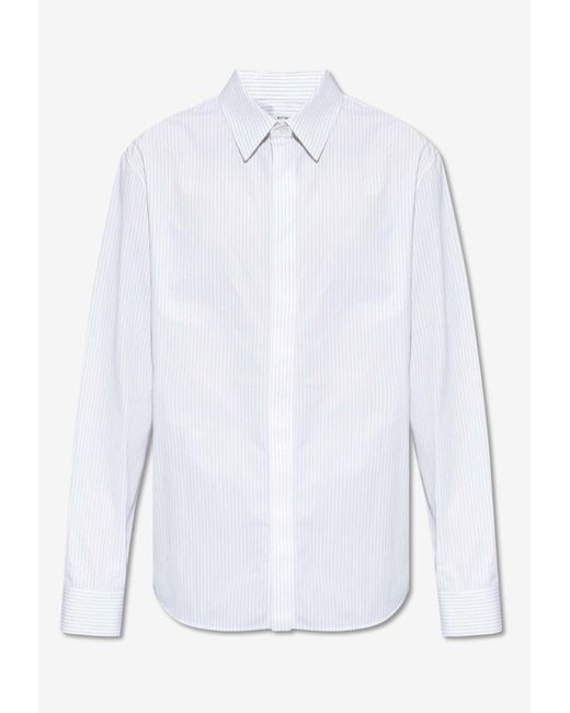 Bottega Veneta White Logo Embroidered Pinstripe Poplin Shirt for men