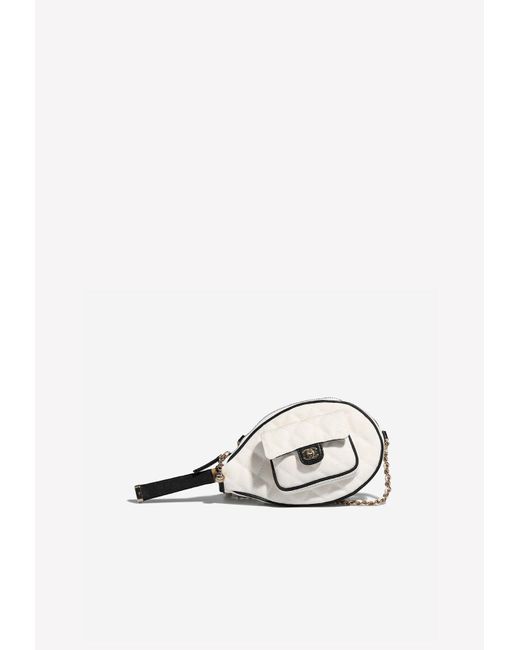 Chanel Tennis-racket Clutch With Chain In White Canvas And Black Calf With Gold Hardware