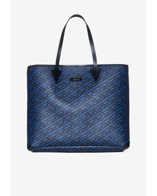 Versace Blue La Greca Print Tote Bag for men
