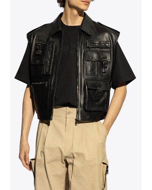 Dolce & Gabbana Black Leather Zip-Up Biker Vest for men