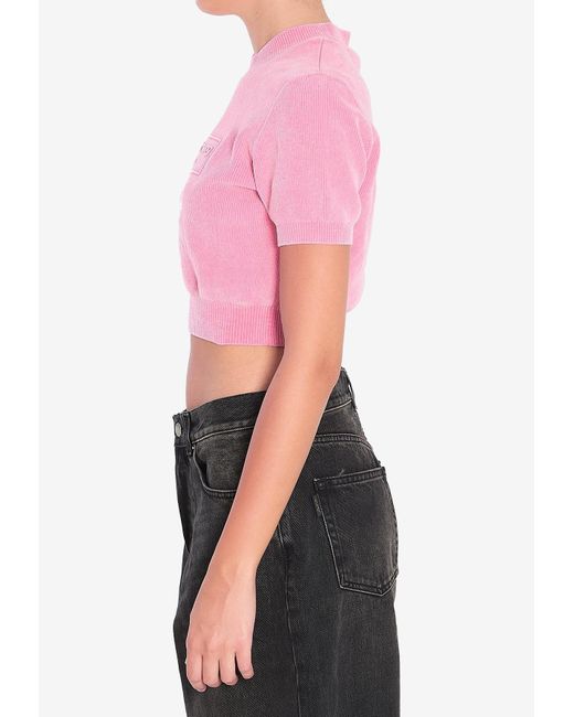 Alexander Wang Pink Embossed Logo Cropped Knit T-Shirt