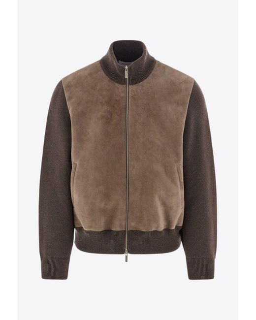 Ferragamo Brown Bomber Jacket With Leather Insert for men