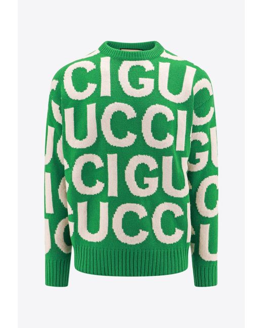 Gucci Green Logo Intarsia Wool Sweater for men
