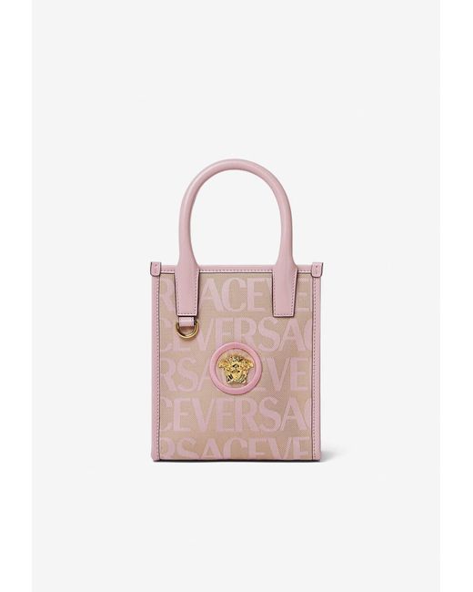 Versace Pink Mini Logo Jacquard Canvas Tote Bag