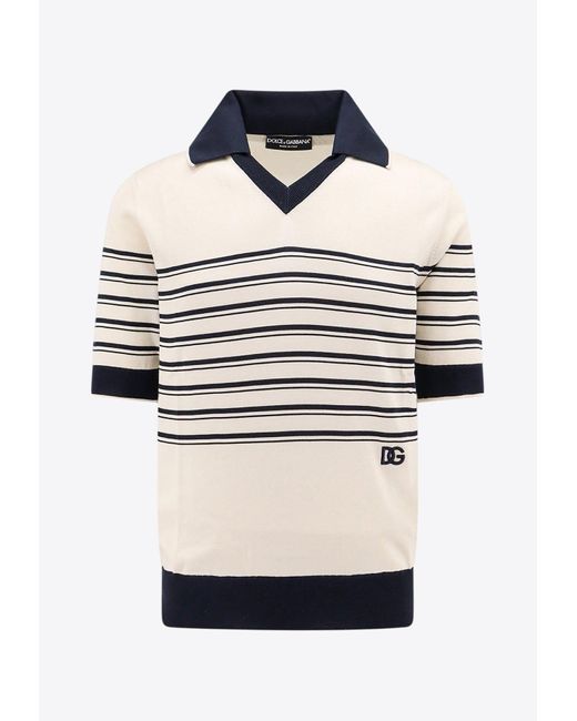 Dolce & Gabbana Blue Striped Silk V-Neck Polo T-Shirt for men