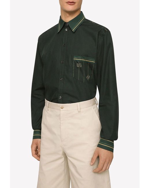 Dolce & Gabbana Green Striped Long-Sleeved Shirt With Dg Logo for men