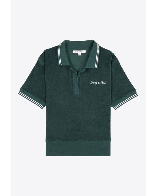 Sporty & Rich Green Syracuse Logo-Embroidered Terry Polo T-Shirt