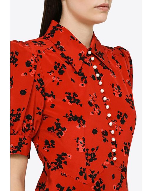 Alessandra Rich Red Rose Print Midi Shirt Dress