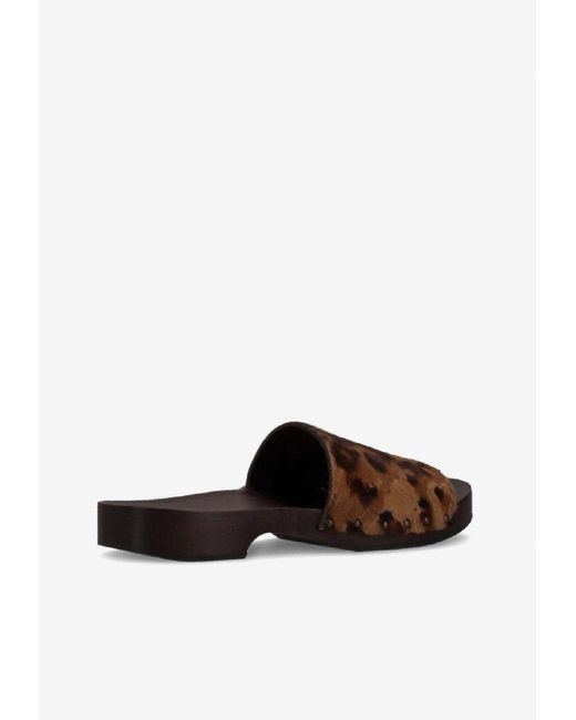 LA ROSE White Leopard Print Studded Leather Clogs