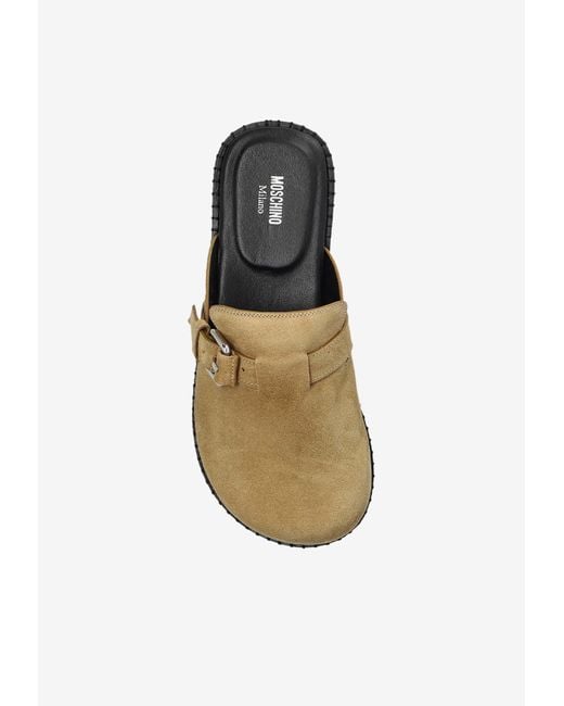 Moschino White Buckle Suede Flat Mules
