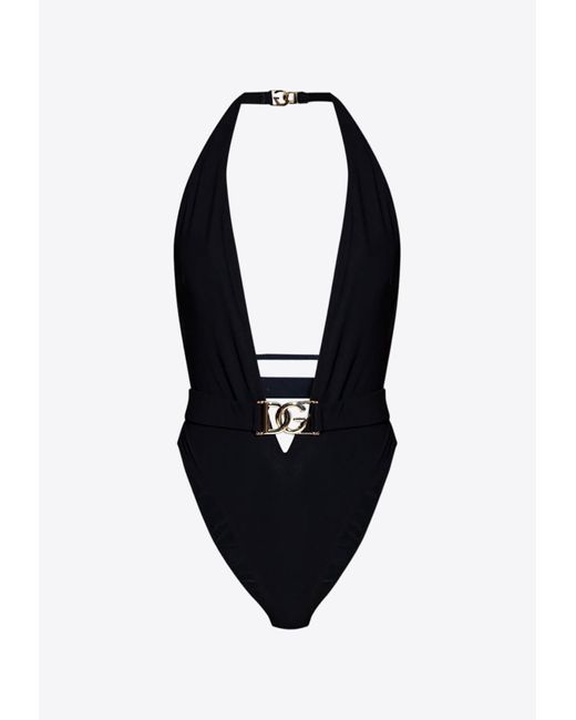 Dolce & Gabbana Black Plunging Neck One-Piece Swimsuit