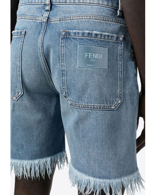 Fendi Blue Frayed Denim Shorts for men