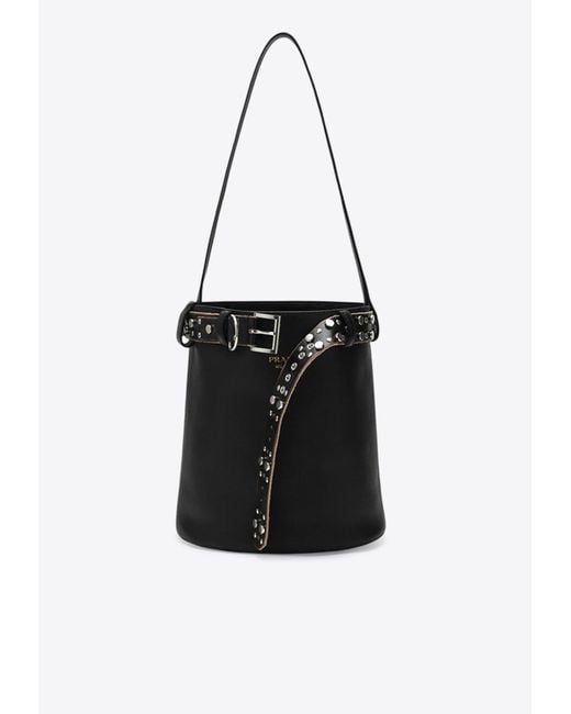 Prada Studded Belt Leather Bucket Bag in Black | Lyst