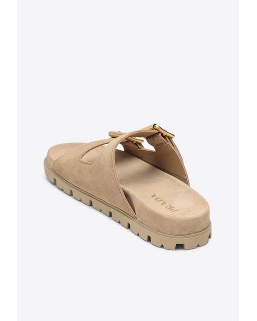 Prada White Triangle Logo Suede Sandals