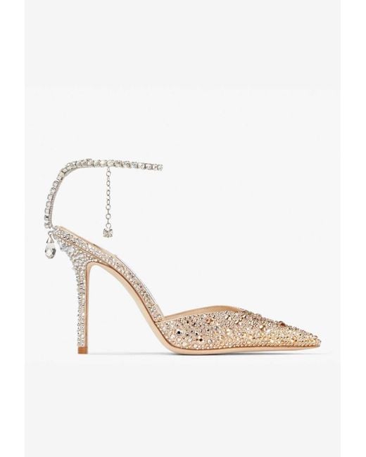 Jimmy Choo White Saeda 100 Crystal-Embellished Pumps
