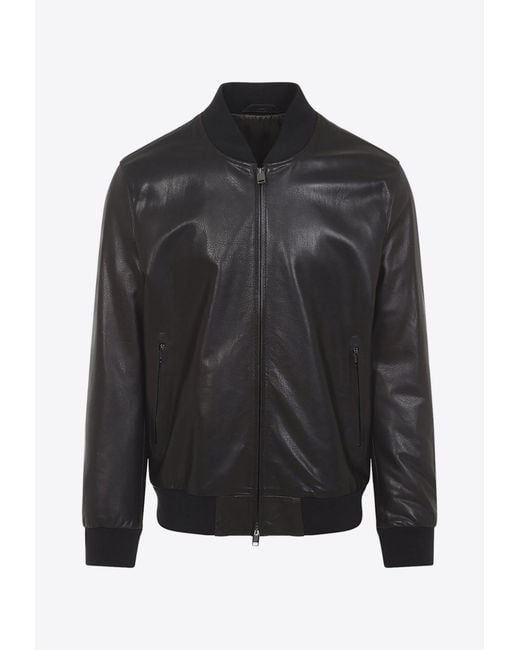Brioni Black Leather Bomber Jacket for men
