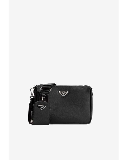 Prada Black Triangle-Logo Saffiano Messenger Bag for men