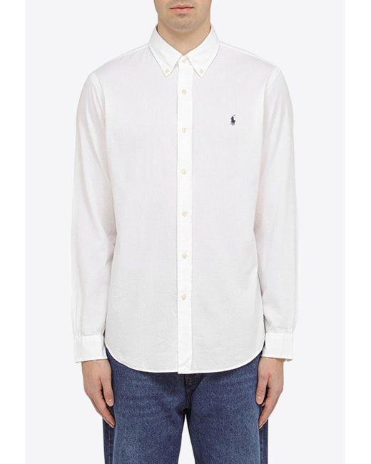 Polo Ralph Lauren White Logo Embroidered Long-Sleeved Shirt for men