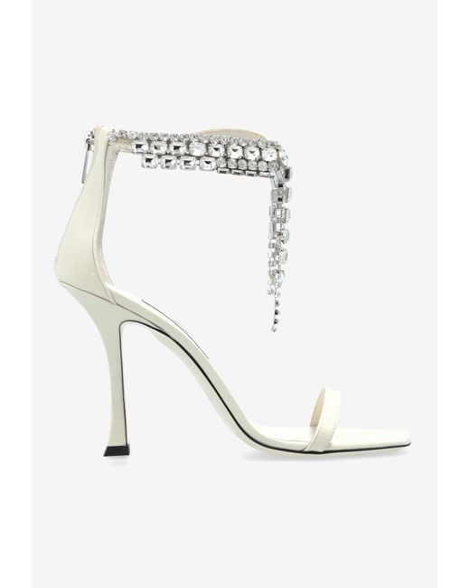 Jimmy Choo White Verity 100 Patent Leather Crystal Sandals