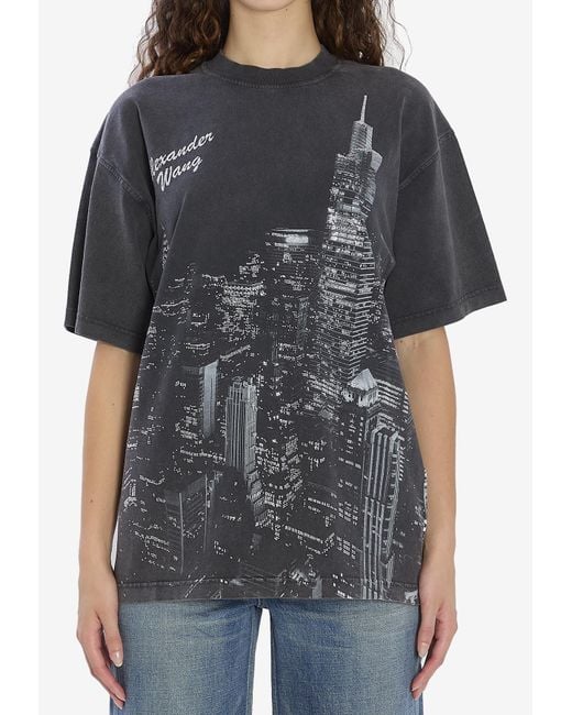 Alexander Wang Black T-Shirt With Thermo-Applied Rhinestones And Ny Skyline