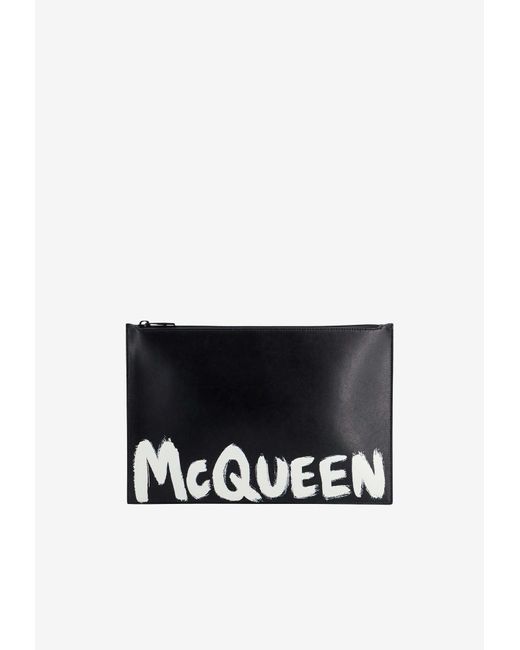 Alexander McQueen Black Graffiti Logo Leather Clutch Bag for men