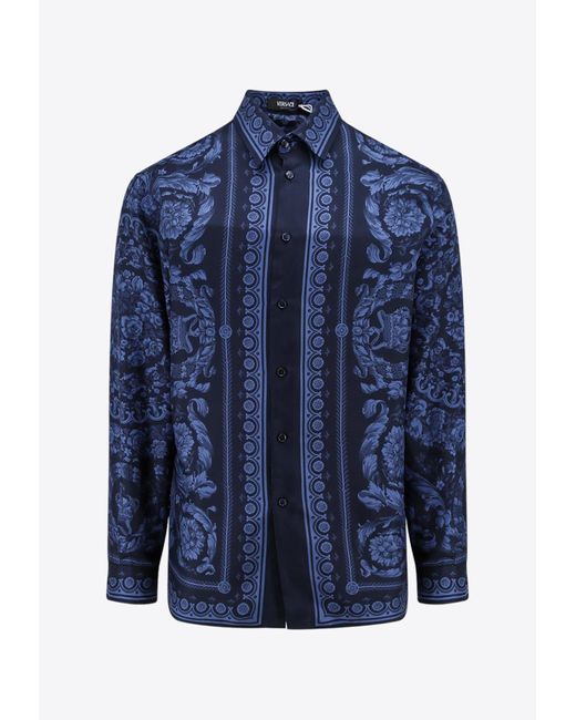 Versace Blue Barroco Print Silk Shirt for men