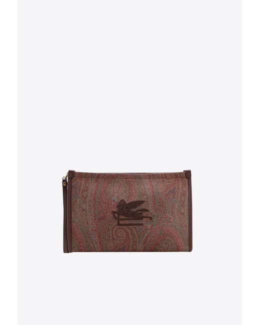 Etro Brown Medium Paisley Embroidered Logo Pouch