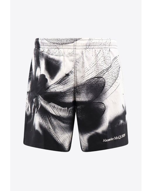 Alexander McQueen Gray Dragonfly Print Swim Shorts for men