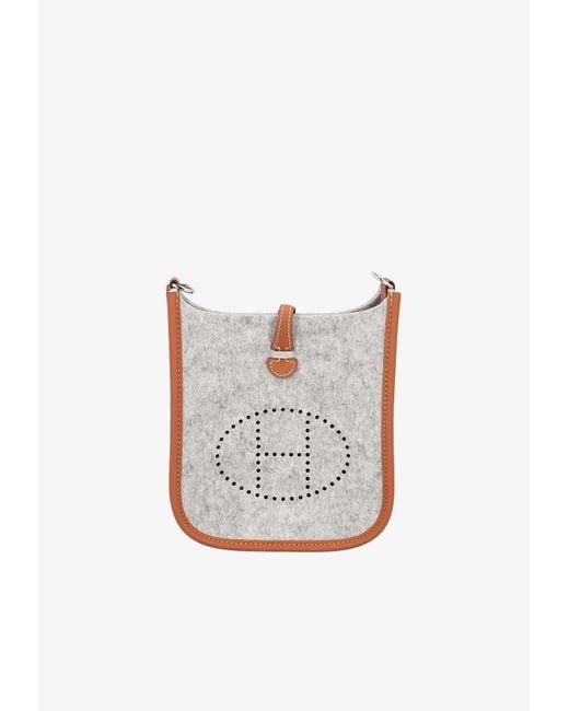 Hermès White Mini Evelyne In Gris Clair Felt And Gold Swift With Palladium Hardware