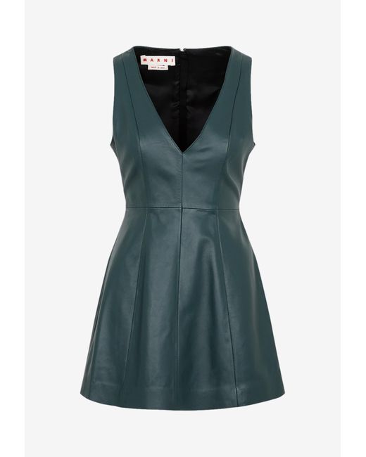 Marni Green Sleeveless V-neck Mini Leather Dress