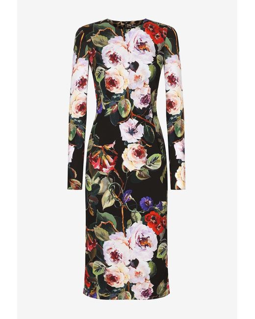 Dolce & Gabbana Multicolor Sleeved Rose Garden Print Midi Dress