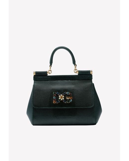 Dolce & Gabbana Black Small Iguana Print Calfskin Sicily Bag With Crystal Dg Logo Patch