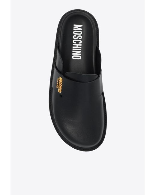 Moschino White Logo Plaque Leather Slippers for men