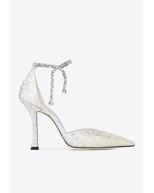 Jimmy Choo White Stevie 100 Crystal Satin Pumps