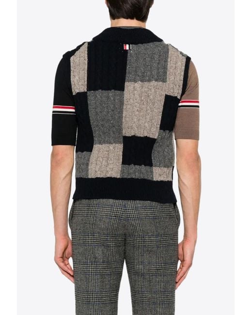 Thom Browne Black Cable-Knit Patchwork Vest for men