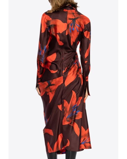 Alexander McQueen Red Fire Lily Print Silk Midi Dress